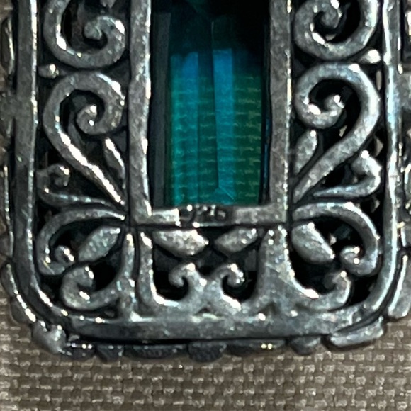 Sterling Silver Rectangle Blue Aura Quartz Filigree Pendant Necklace Charm - Picture 4 of 9